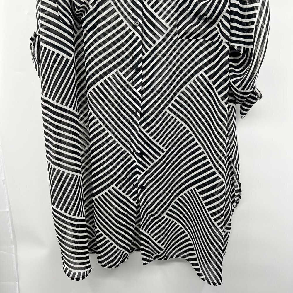 Jessica London Sheer Shift Dress Button Up Black/White Long Roll Tab Sleeve 32W - Picture 3 of 9